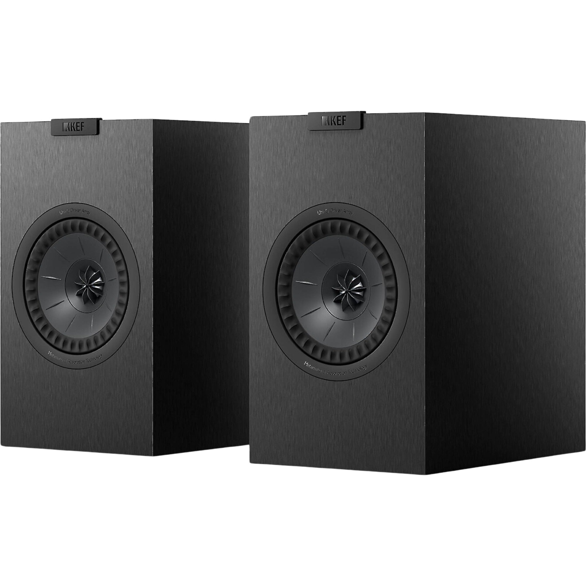 Pair of KEF Q1 Meta passive bookshelf speakers with sleek black cabinets and front-facing drivers on a white background.