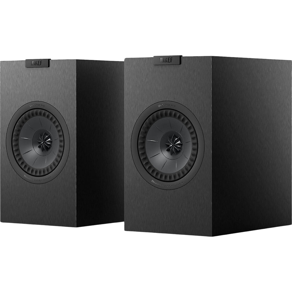 KEF Q3 Meta passive bookshelf speakers shown with sleek black cabinets and stylish design for high-quality audio.