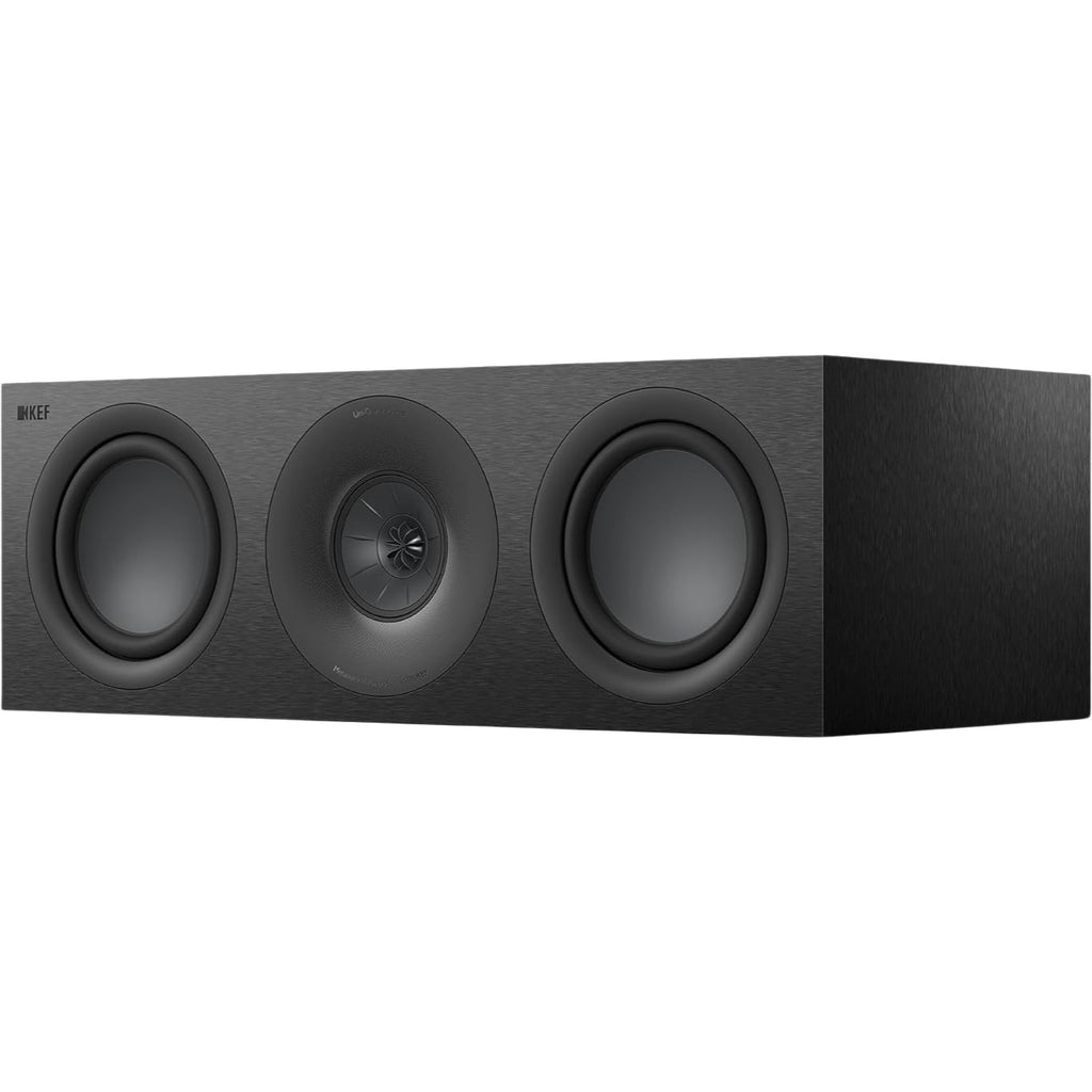 KEF Q6 Meta center speaker showing a sleek black speaker with a minimalist design and KEF branding on the front grille.