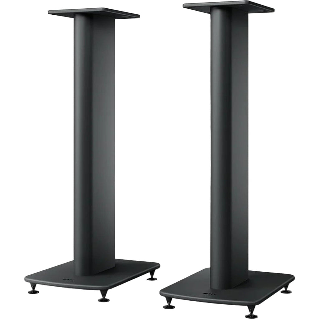 KEF S2 speaker stands designed for KEF LS50 speakers, featuring sleek black metal construction and adjustable height.