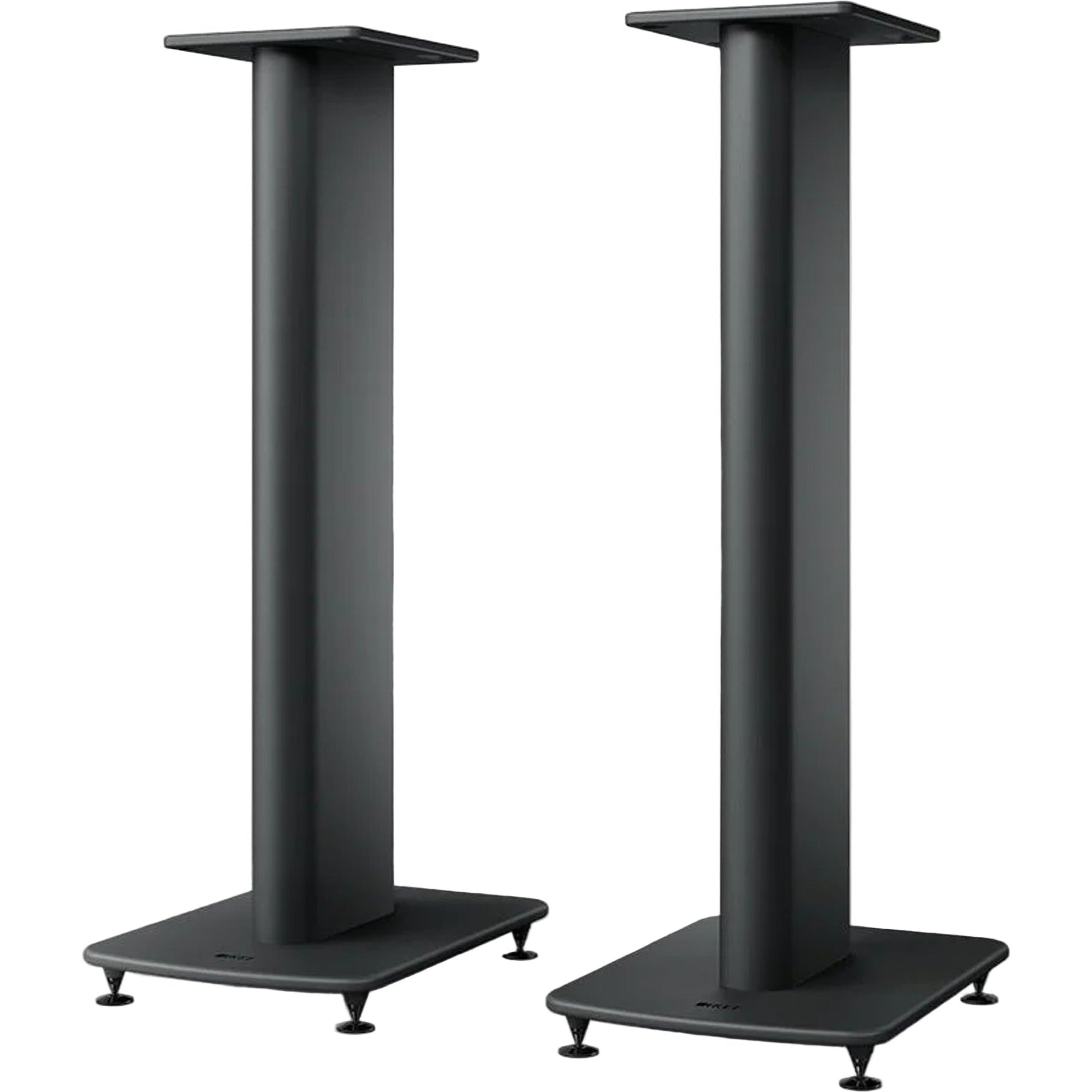 KEF S2 speaker stands designed for KEF LS50 speakers, featuring sleek black metal construction and adjustable height.