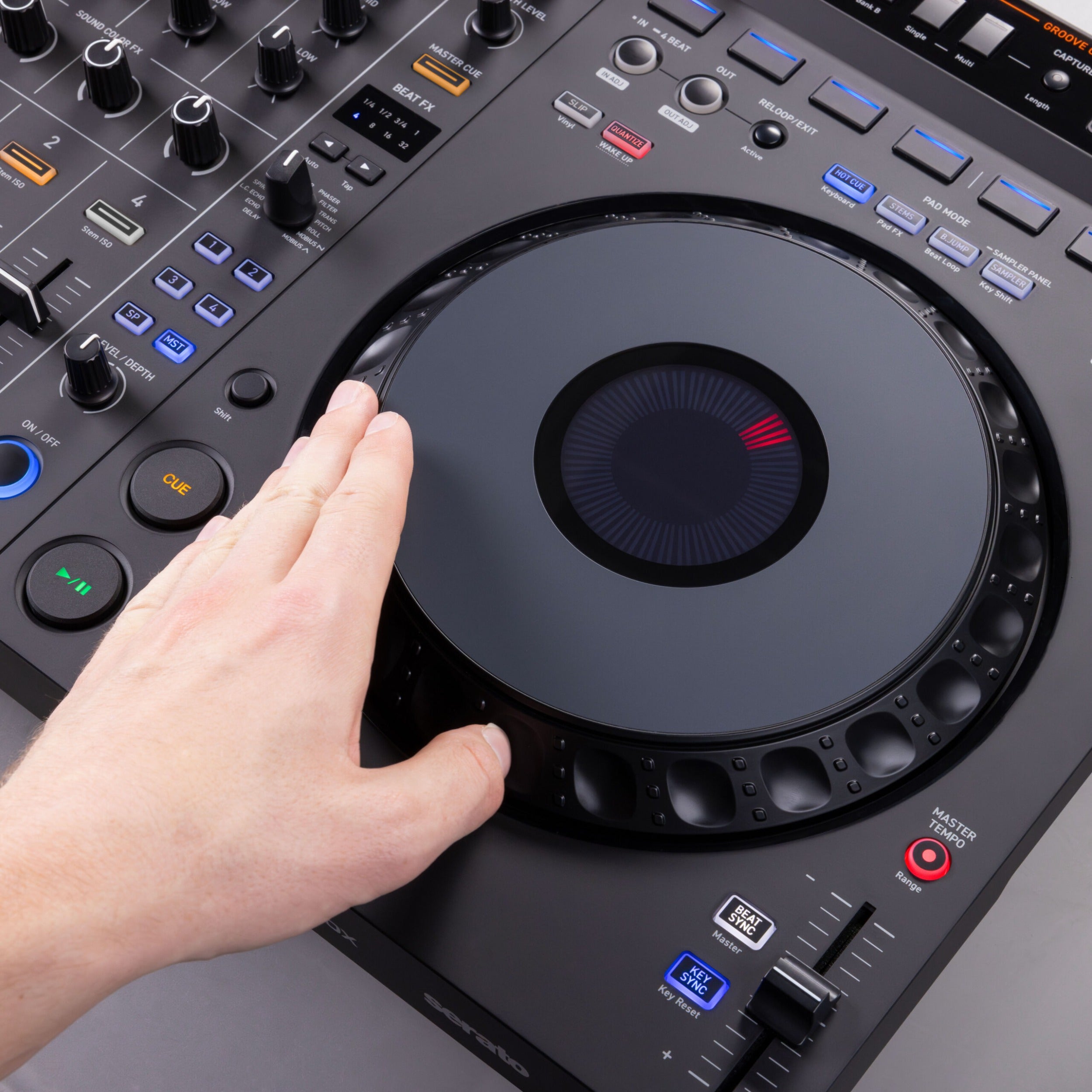 AlphaTheta DDJ-GRV6 DJ controller featuring a sleek layout with large jog wheels, performance pads, and intuitive control surfaces.