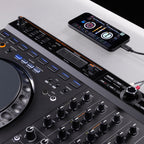 AlphaTheta DDJ-GRV6 DJ controller with jog wheels, mixer controls, and performance pads on the right side.