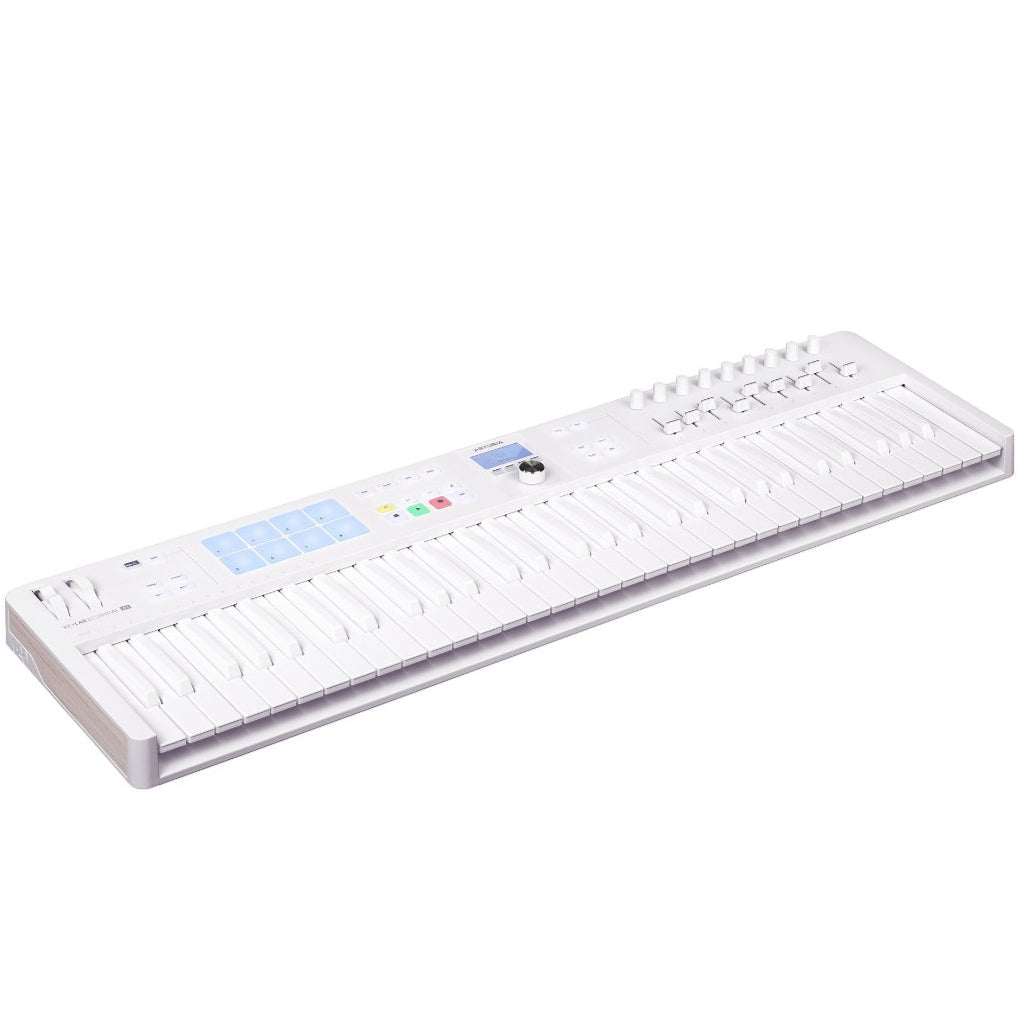 Arturia KeyLab Essential 61 MK3 MIDI keyboard in alpine white with control knobs and keys, ideal for music production.