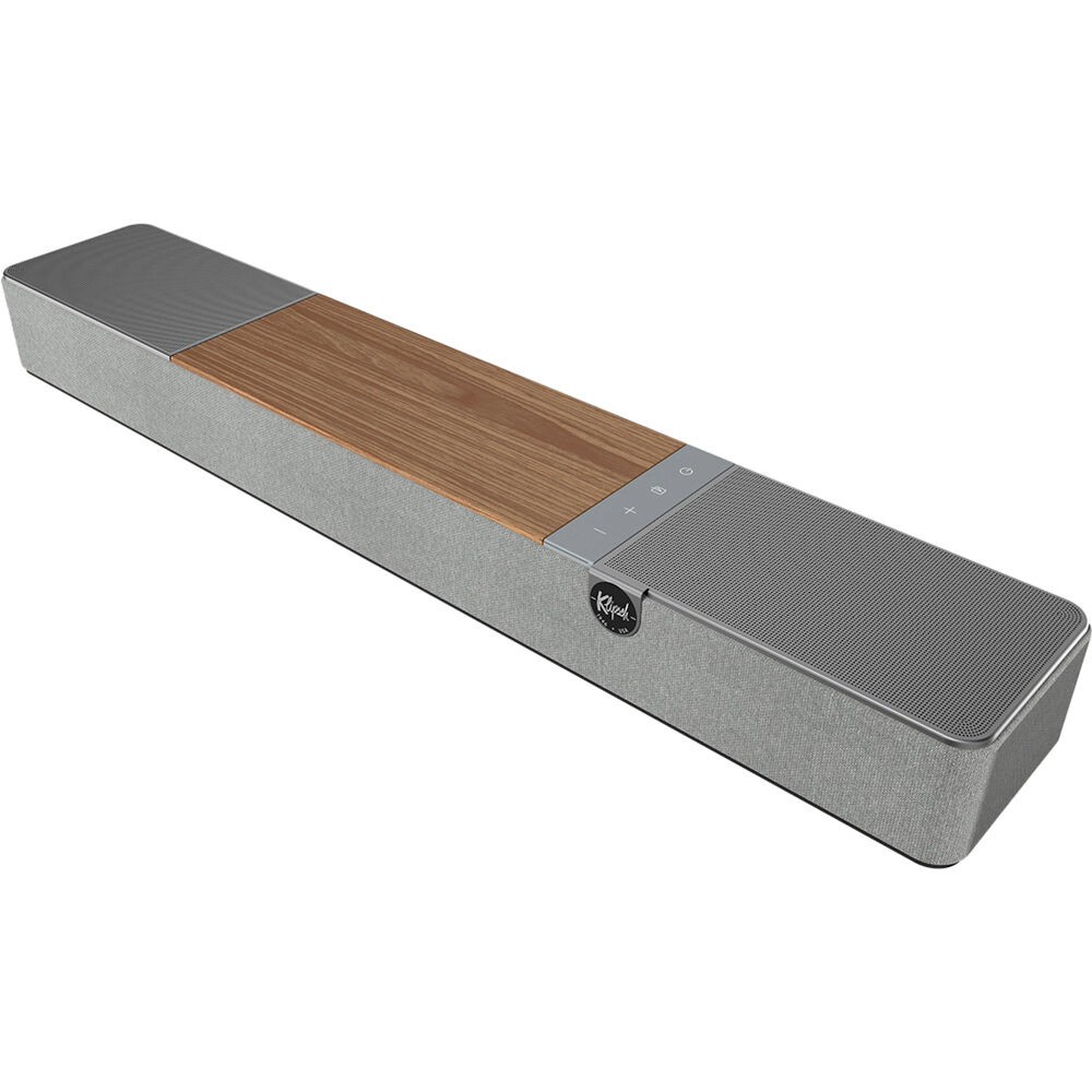 Klipsch Flexus Core 100 soundbar, angled hero view of walnut.