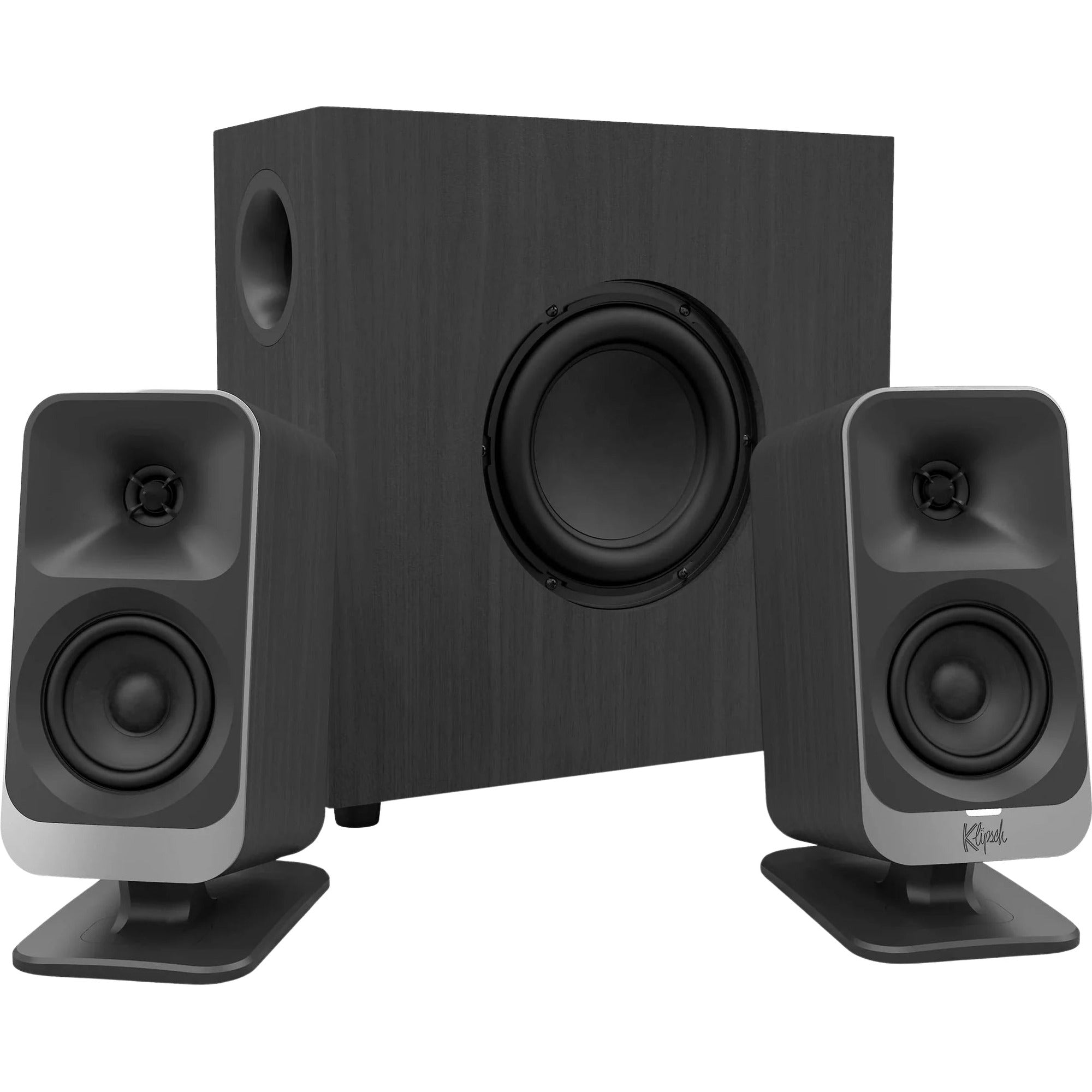 Klipsch ProMedia Lumina desktop speakers with sleek black design and modern speaker drivers, ideal for computer audio setup.