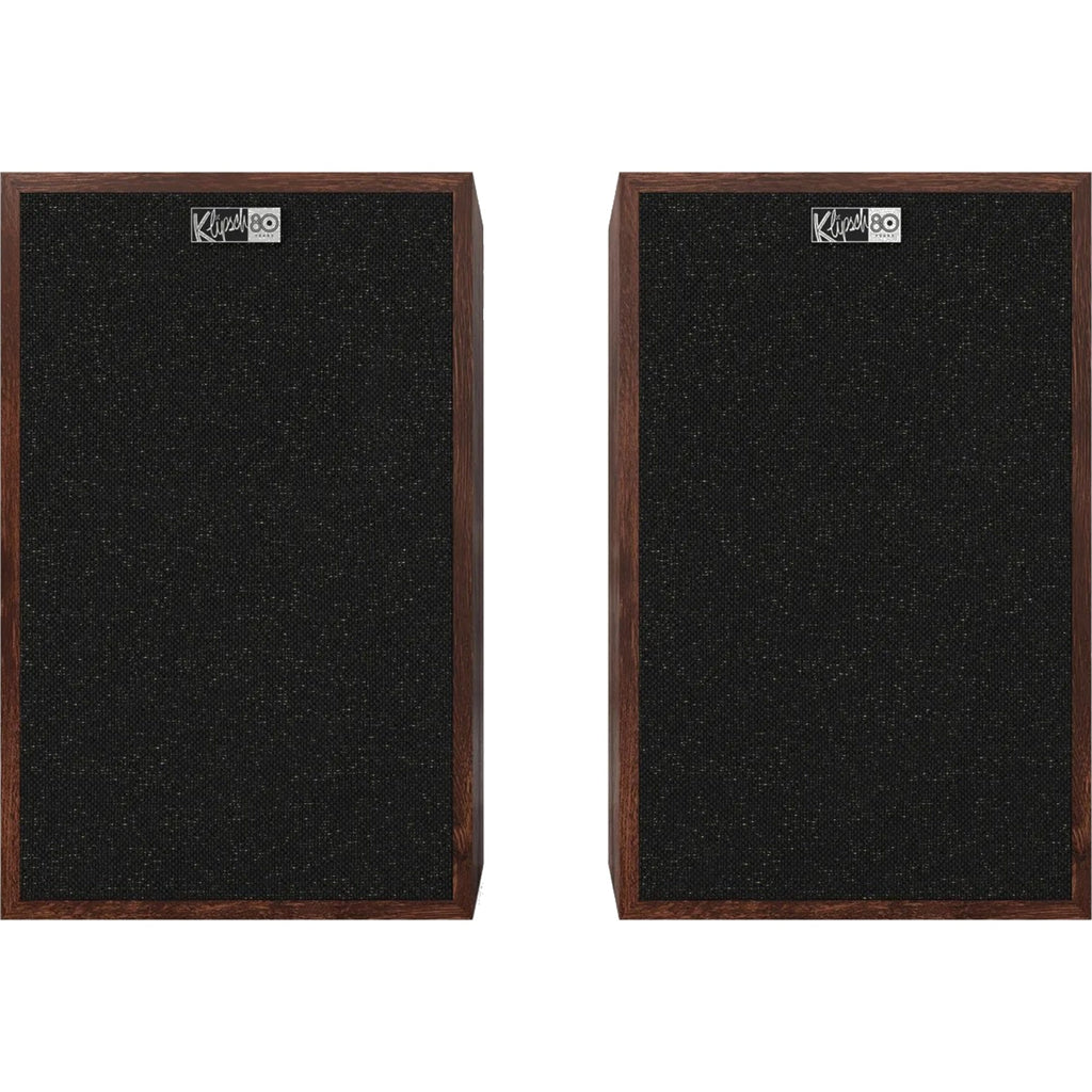 Klipsch Rebellion bookshelf speakers (pair) with magnetic black cloth grilles and Klipsch 80 anniversary badge