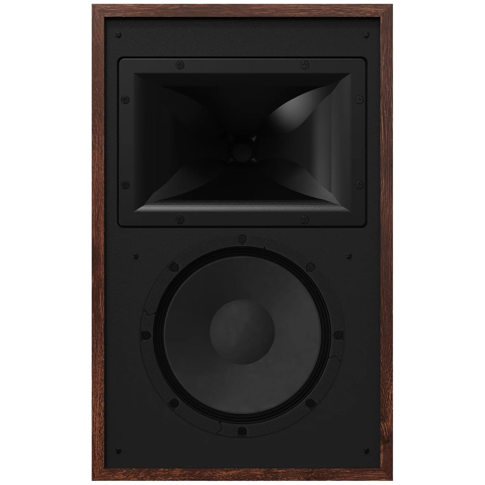 Klipsch Rebellion front view without grille showing K-81-EP horn tweeter and K-702 woofer