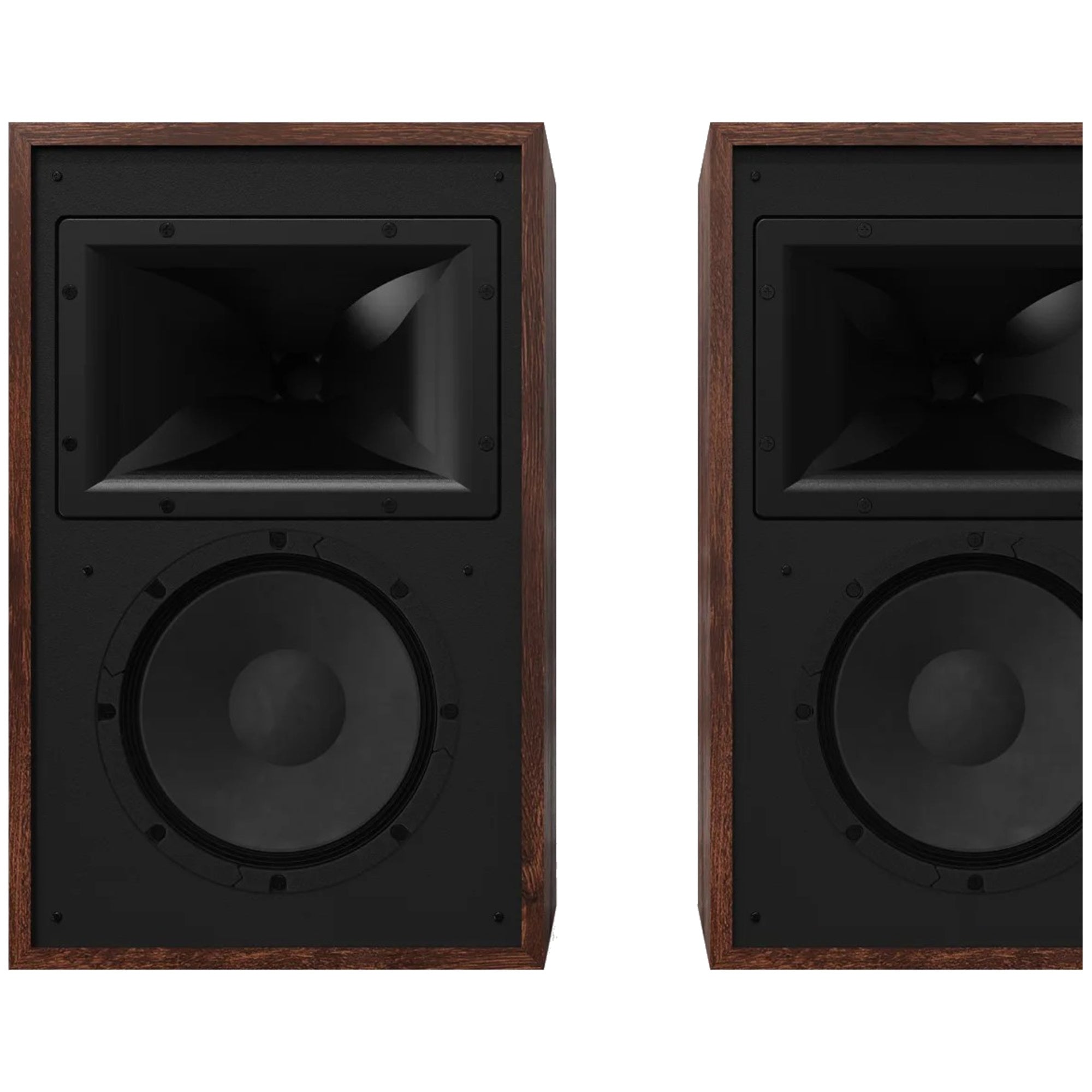 Klipsch Rebellion pair without grilles showing horn-loaded design