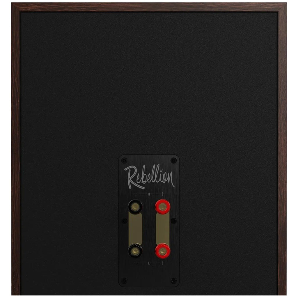 Klipsch Rebellion rear panel with Rebellion nameplate and dual binding posts