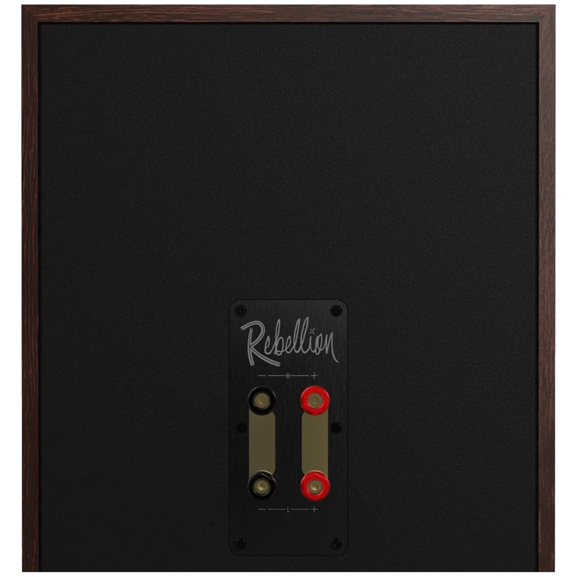 Klipsch Rebellion rear panel with Rebellion nameplate and dual binding posts
