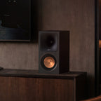 Klipsch RP-500PM powered speakers, Ebony, on a media console