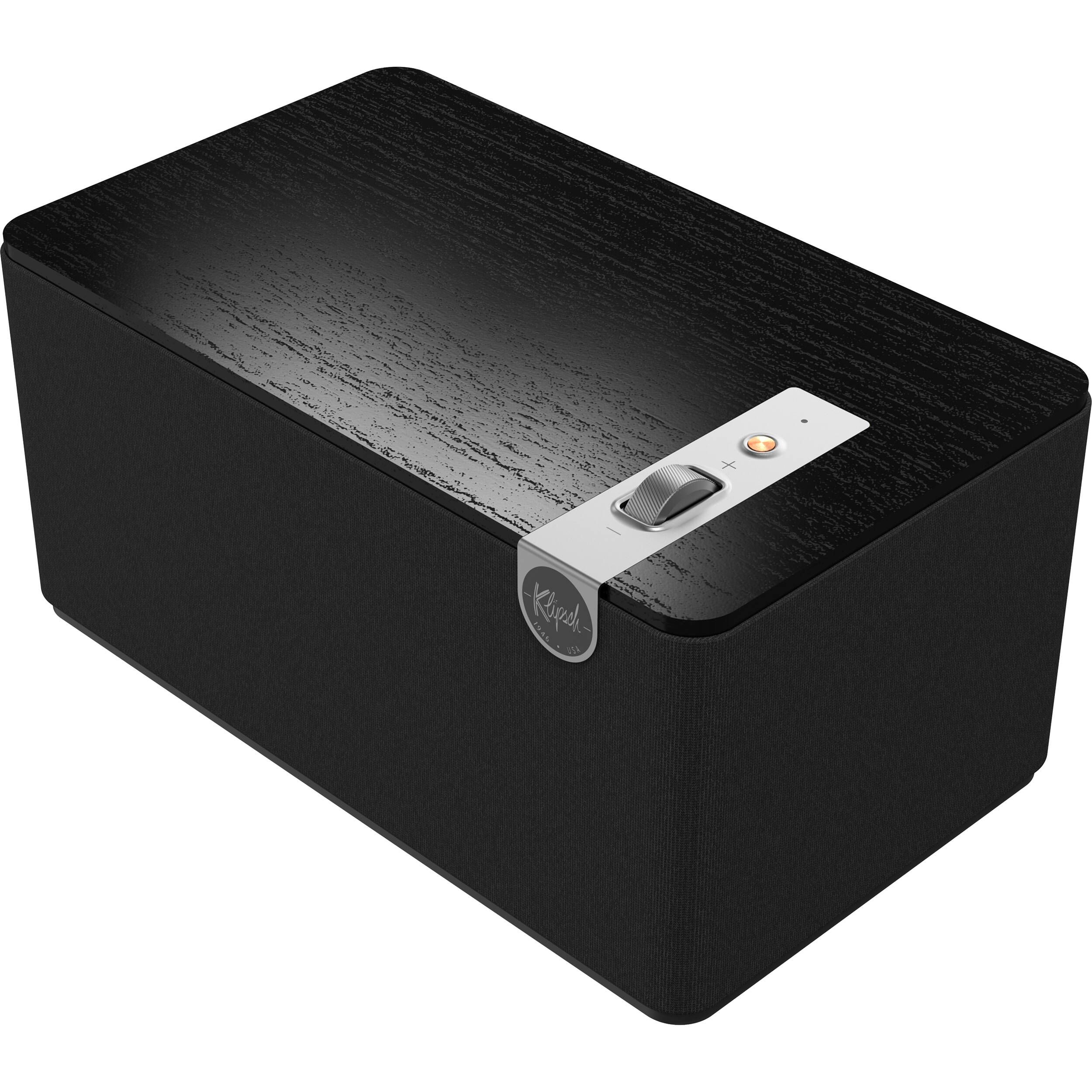 Klipsch The Three Plus wireless speaker, hero front angle in black