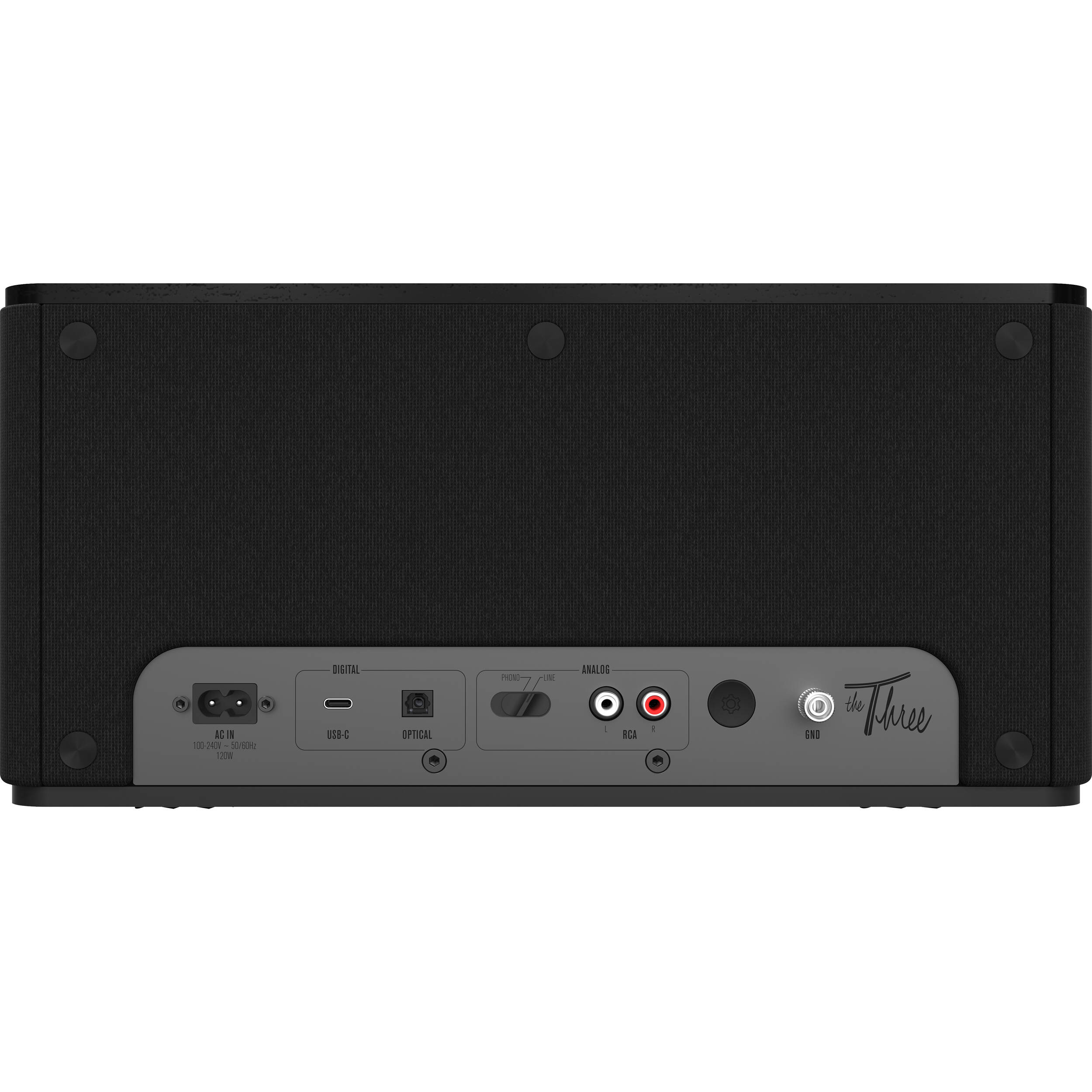 Klipsch The Three Plus wireless speaker, rear panel with input ports in black