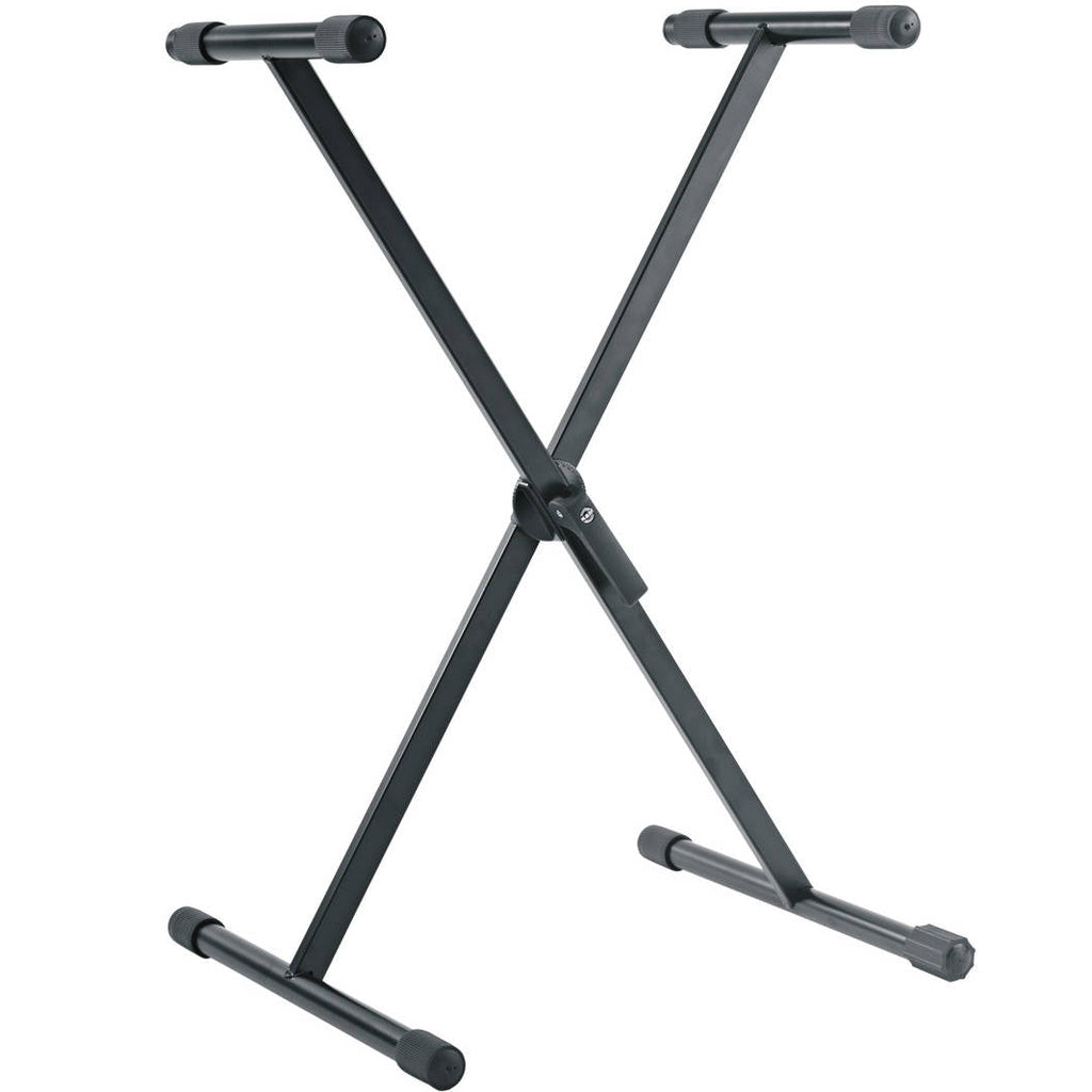 K&M 18933 keyboard stand supporting electronic keyboard with adjustable height and sturdy metal construction.