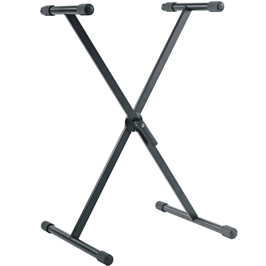 K&M 18933 keyboard stand supporting electronic keyboard with adjustable height and sturdy metal construction.