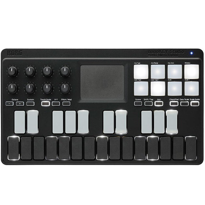 Korg nanoKEY Studio MIDI keyboard with compact design, black keys, and integrated control buttons for music production.
