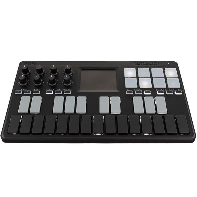Korg nanoKEY Studio MIDI keyboard with compact design, black keys, and control knobs for music production and performance.