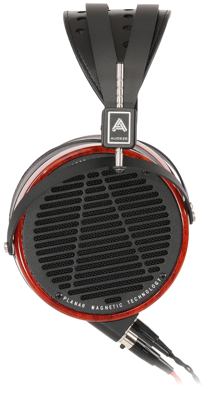 Audeze LCD-2 wired headphones with leather ear cups and headband, shown from a side view highlighting their sleek design.