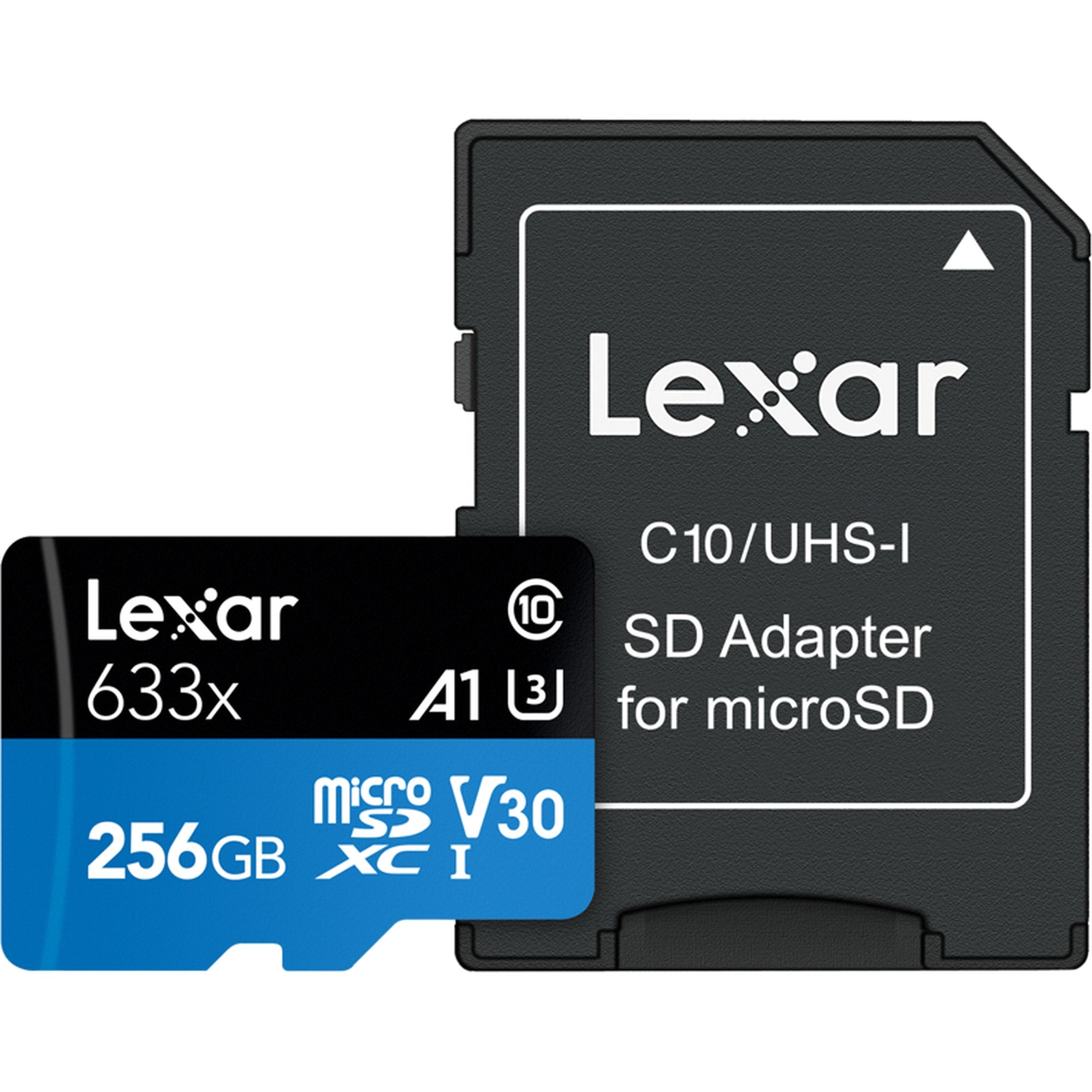 Lexar 633X 256GB microSDHC/SDXC V30 memory card with adapter, showing the card inserted into the adapter for storage and transfer.