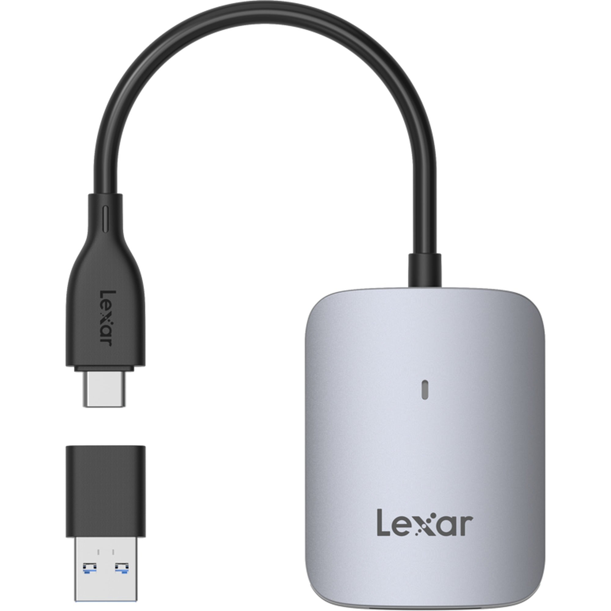 Lexar CFexpress Type A Card Reader LRW515U with USB-A and USB-C ports for fast data transfer and versatile device compatibility.