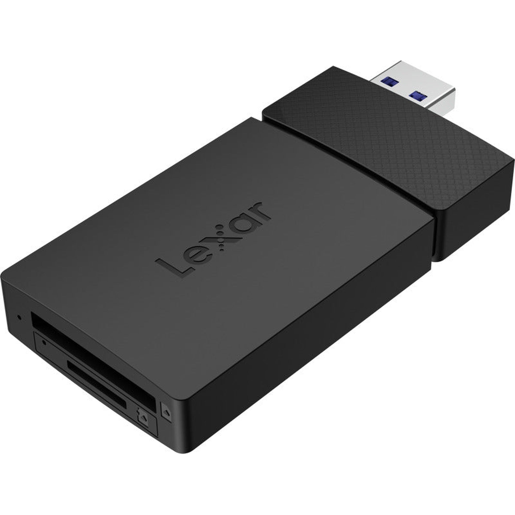 Lexar microSD and SD card reader with USB-A and USB-C connectors, compact device for easy data transfer and card access.