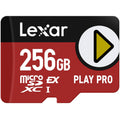 Lexar PLAY PRO microSDXC Express memory card showing the card's front with branding and storage capacity details.