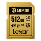 Lexar SDXC ARMOR Gold UHS-II U3, Stainless Steel, IP68 R280/W210 (V60) Memory Card, close-up.