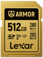 Lexar SDXC ARMOR Gold UHS-II U3, Stainless Steel, IP68 R280/W210 (V60) Memory Card, close-up.