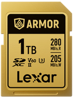 Lexar SDXC ARMOR Gold UHS-II U3, Stainless Steel, IP68 R280/W210 (V60) Memory Card, detail view.