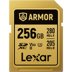 Lexar SDXC ARMOR Gold UHS-II U3, Stainless Steel, IP68 R280/W210 (V60) Memory Card, detail view.