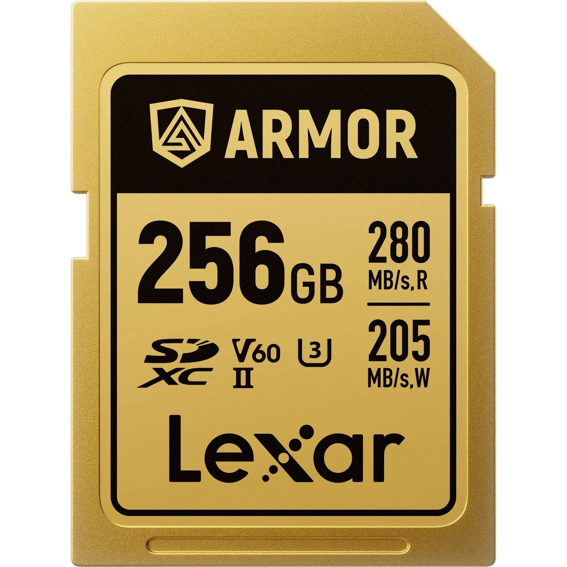 Lexar SDXC ARMOR Gold UHS-II U3, Stainless Steel, IP68 R280/W210 (V60) Memory Card, detail view.