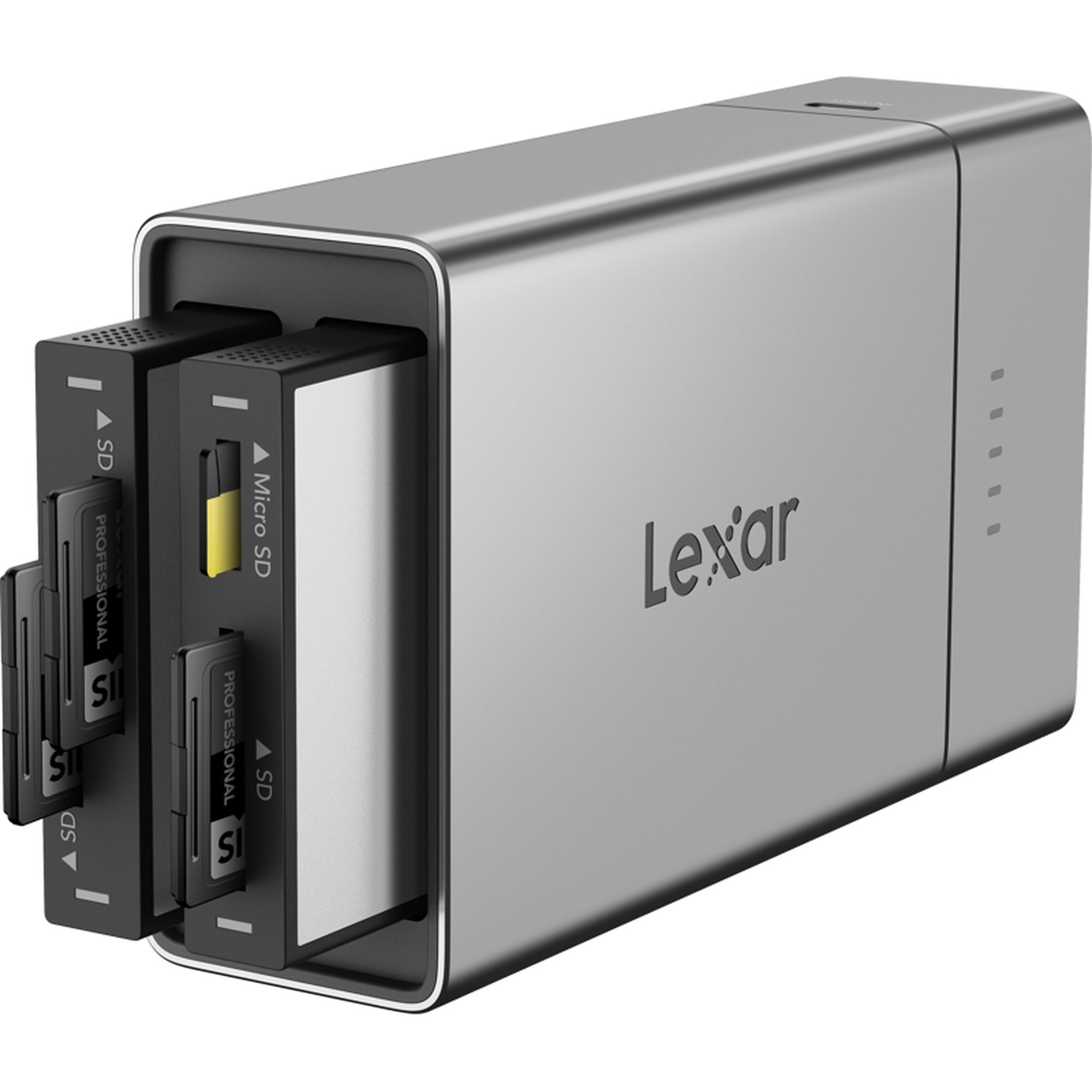 Lexar Workflow Go docking station with two-module bay for easy data transfer and device connectivity.