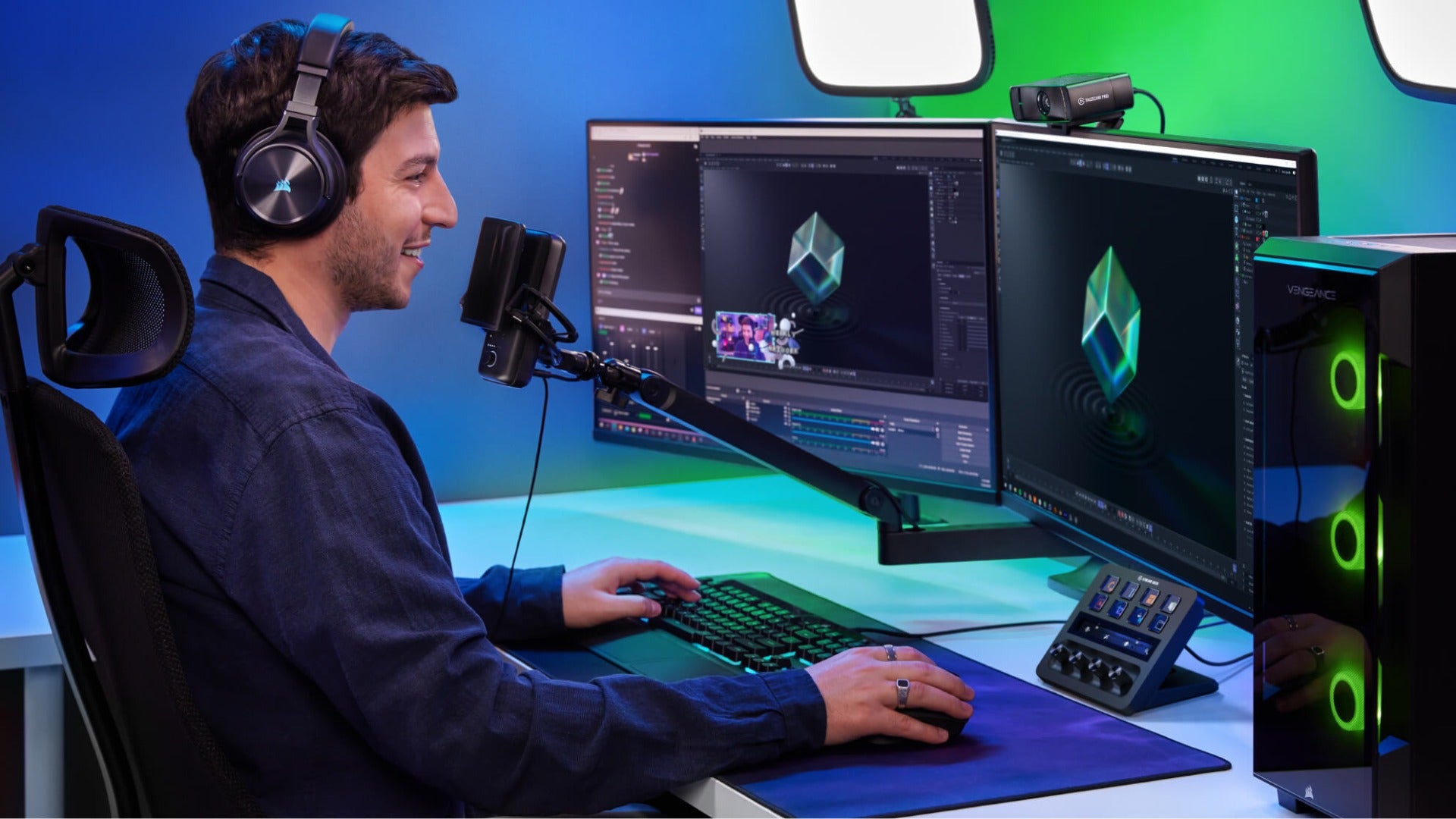 Elgato Stream Deck+ video editing controller with customizable keys on a livestream creator setup.