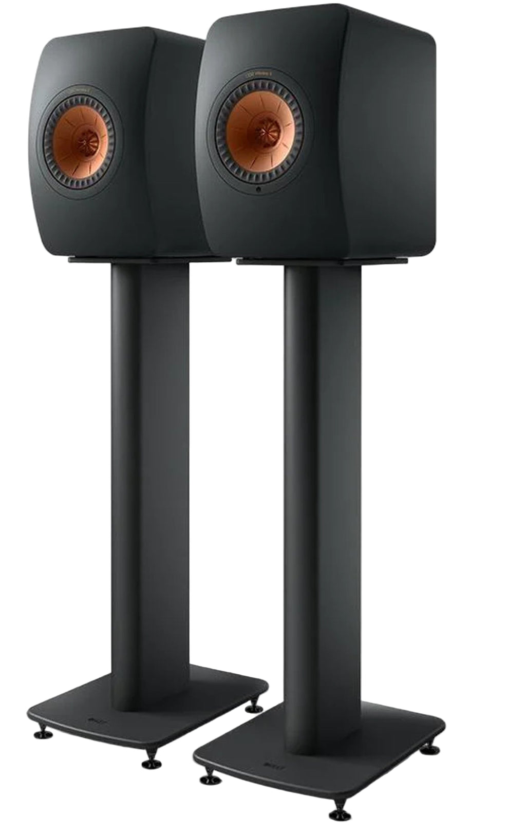 Pair of KEF S2 speaker stands in carbon black holding KEF LS50 Wireless II speakers, front view with spikes on a floor.