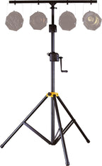 Hercules Stands LS700B PA speaker stands set up with adjustable height and sturdy tripod base, ideal for professional audio setup.