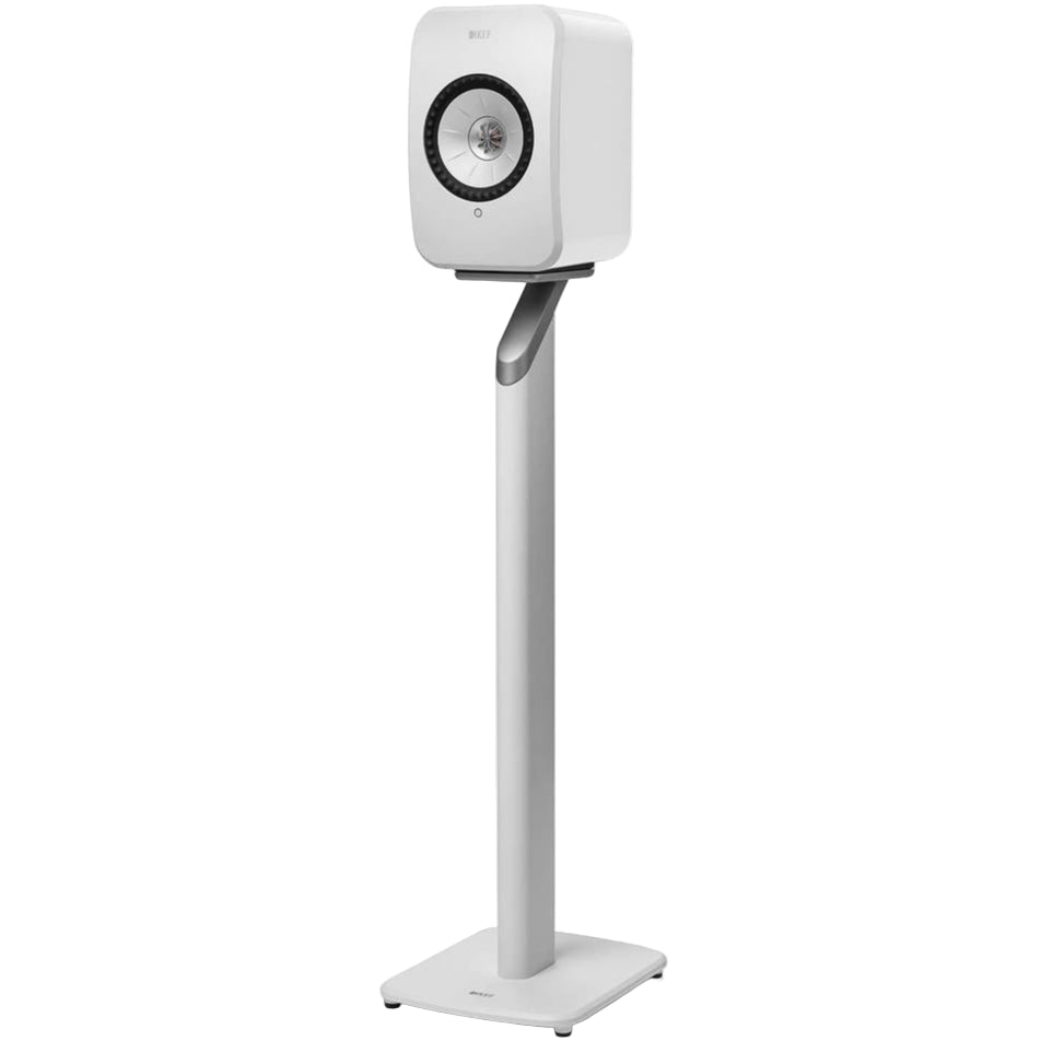 White KEF S1 speaker stands designed for KEF LSX speakers, featuring sleek floor-standing support with a modern look.