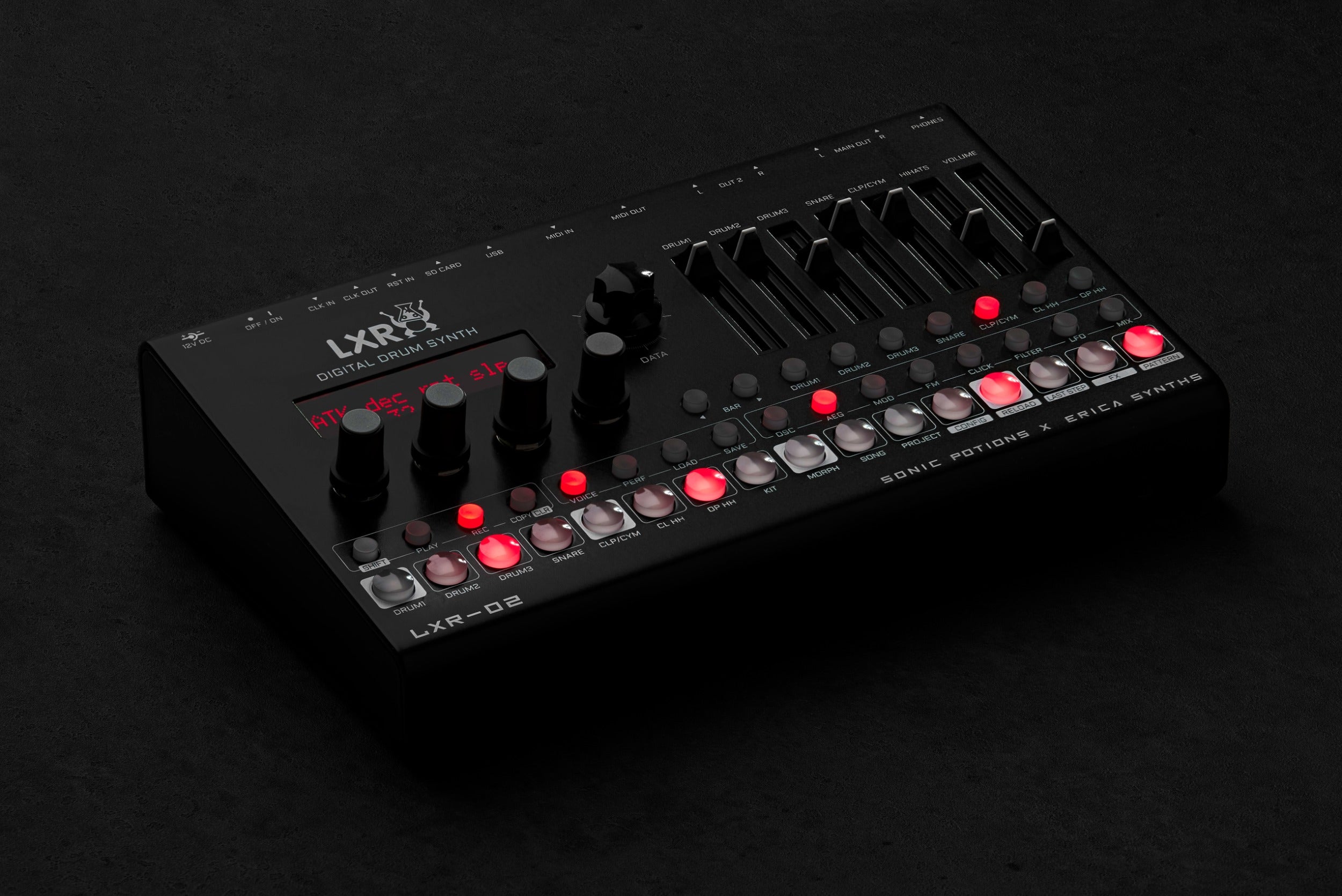 Erica Synths LXR-02 Drum Synthesizer with control knobs and interface, showcasing its compact design and vintage-style drum machine features.