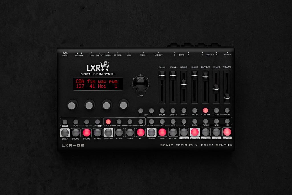 Erica Synths LXR-02 Drum Synthesizer showing its interface and controls on a dark background.