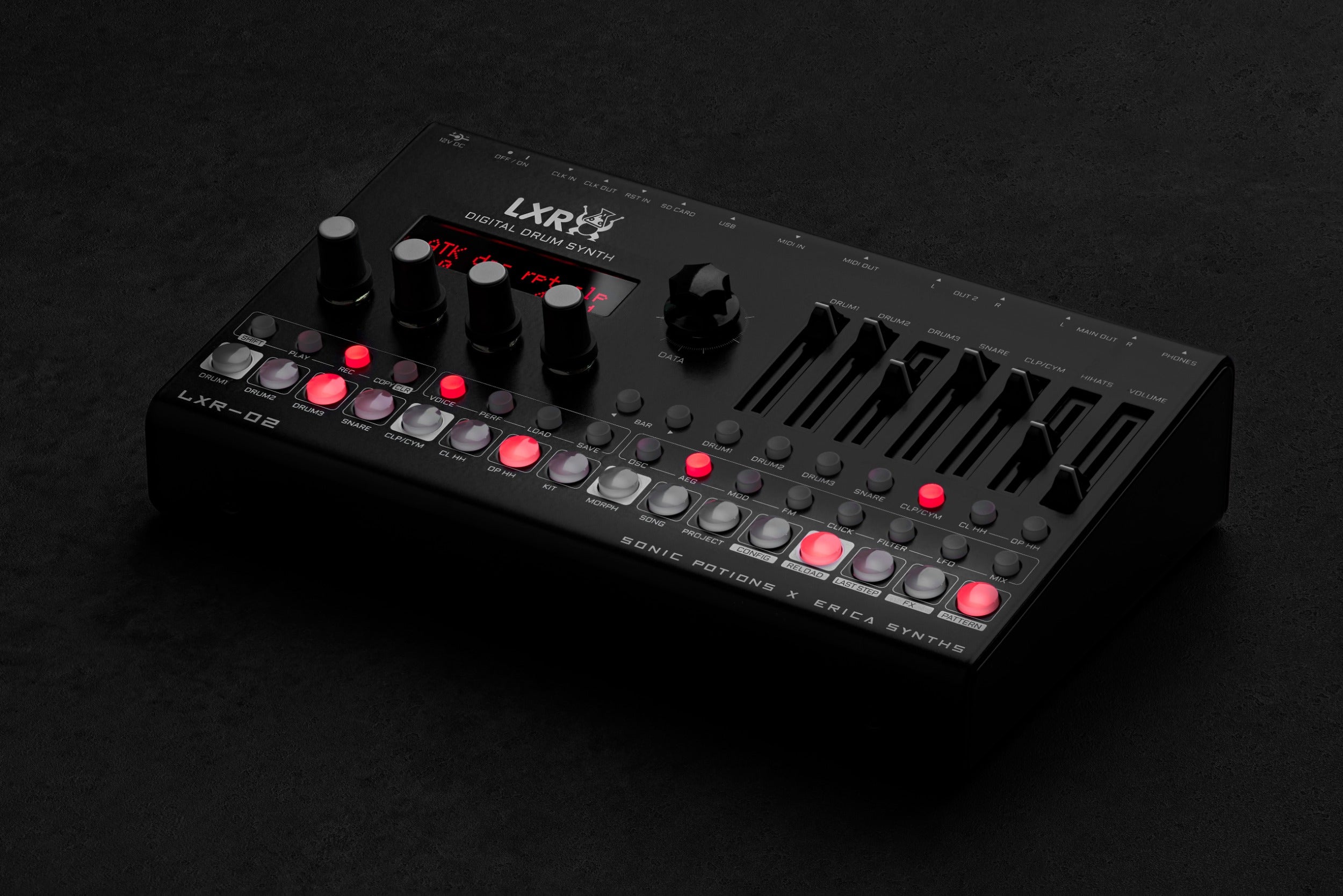 Erica Synths LXR-02 Drum Synthesizer with colorful knobs and interface, part of the Drum Machines & Samplers collection.