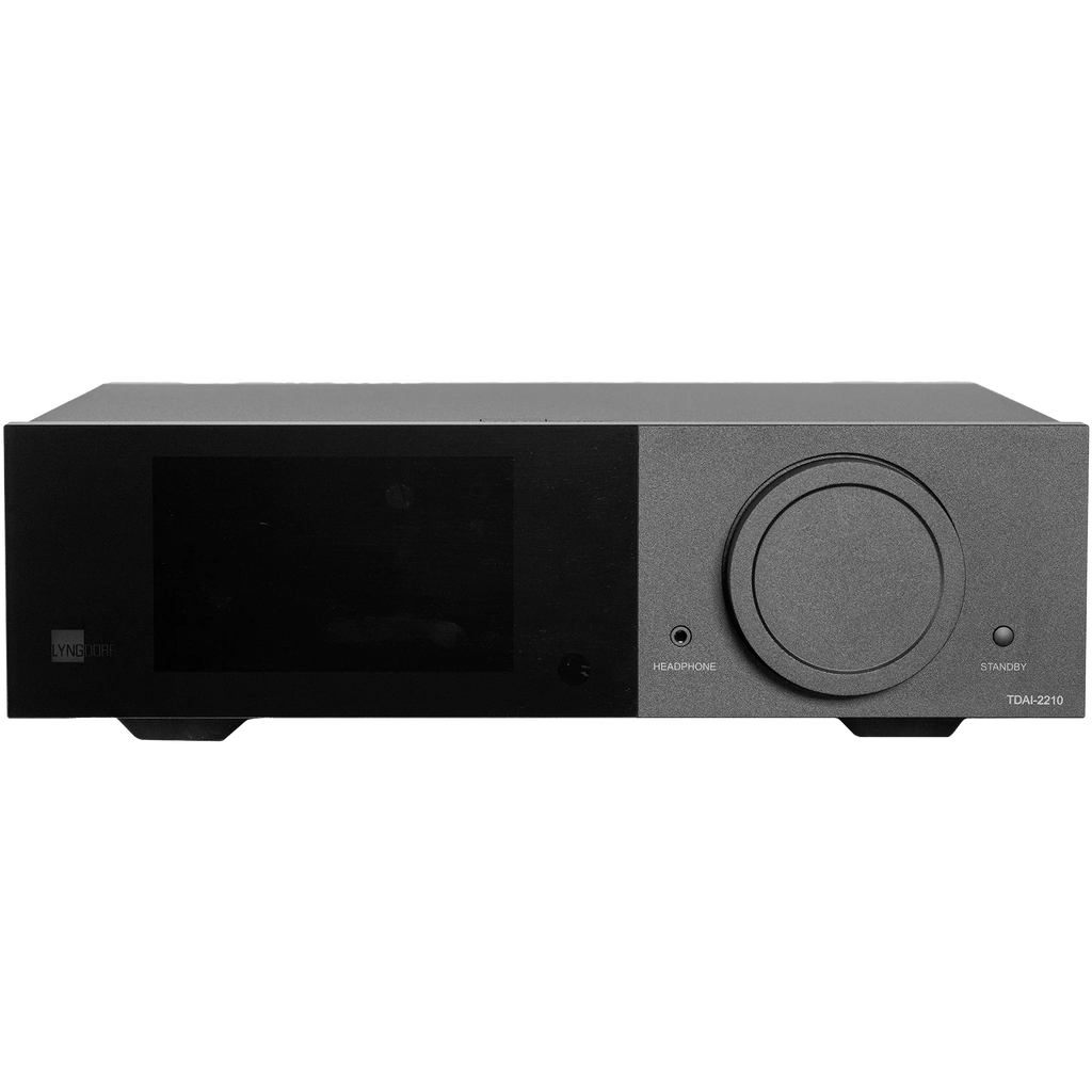 Lyngdorf TDAI-2210 stereo amplifier with RoomPerfect technology, showcasing its sleek front panel and control knobs.