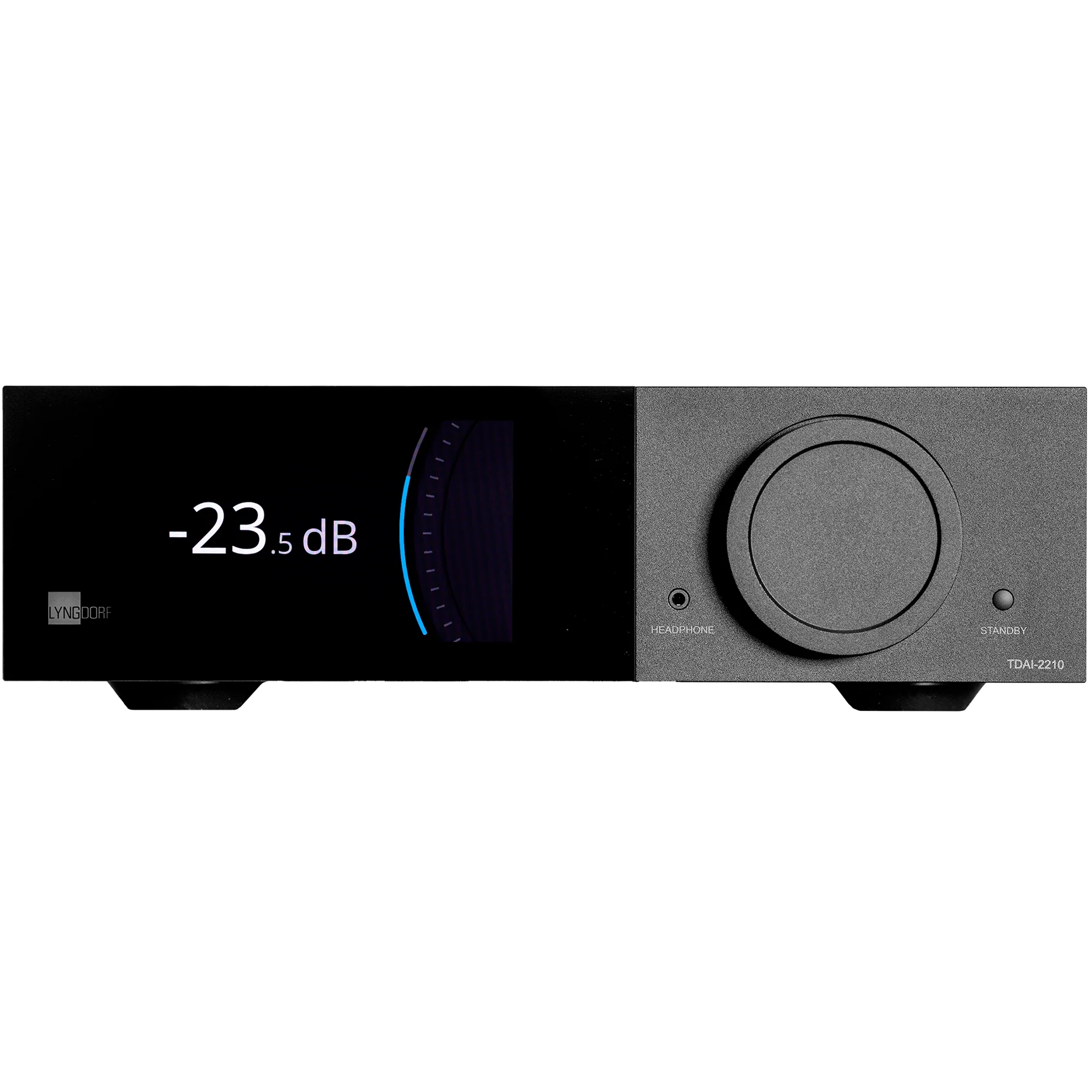 Lyngdorf TDAI-2210 integrated stereo amplifier with sleek design and control knobs, featuring RoomPerfect room calibration technology.