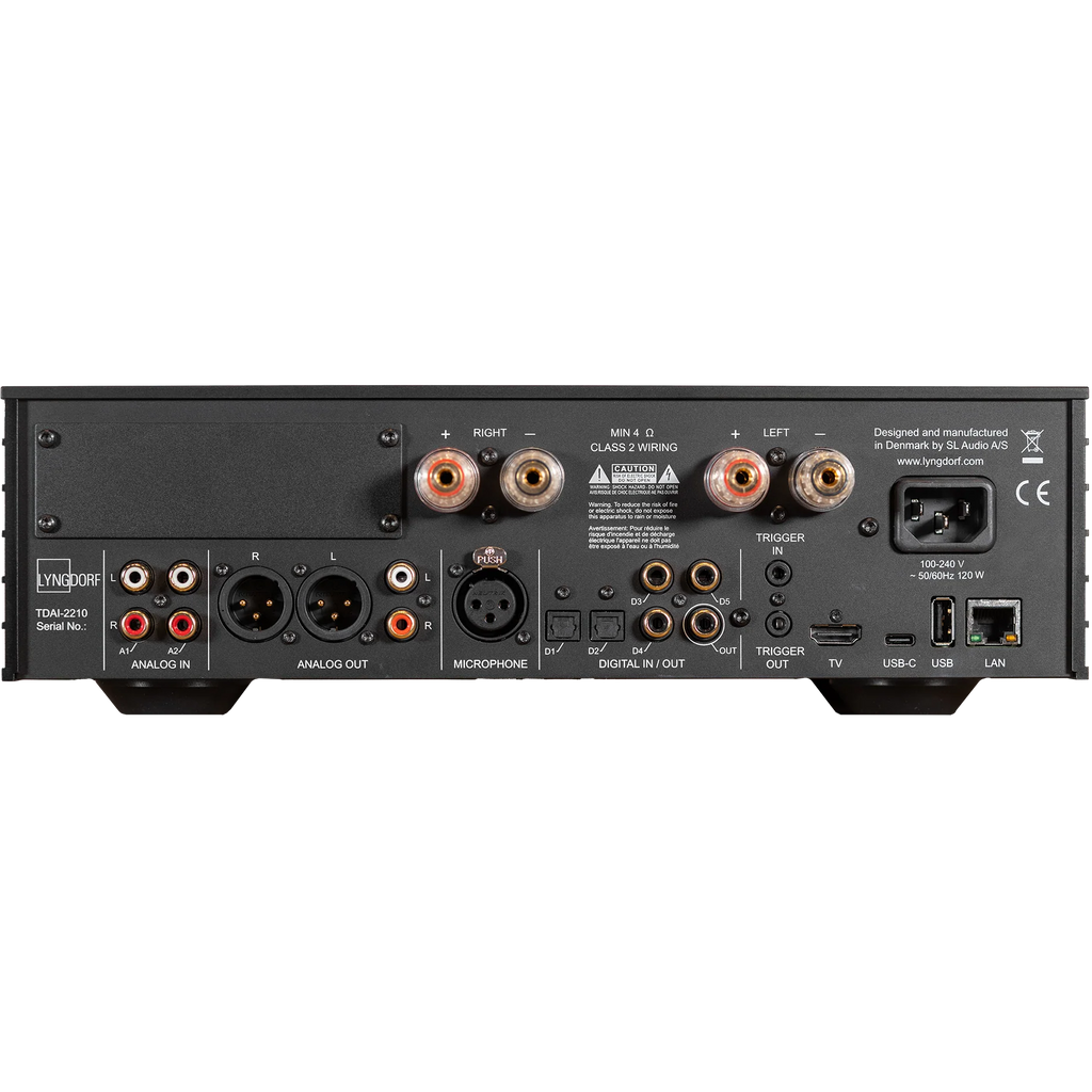 Lyngdorf TDAI-2210 stereo amplifier with RoomPerfect room calibration technology, featuring a sleek integrated design.