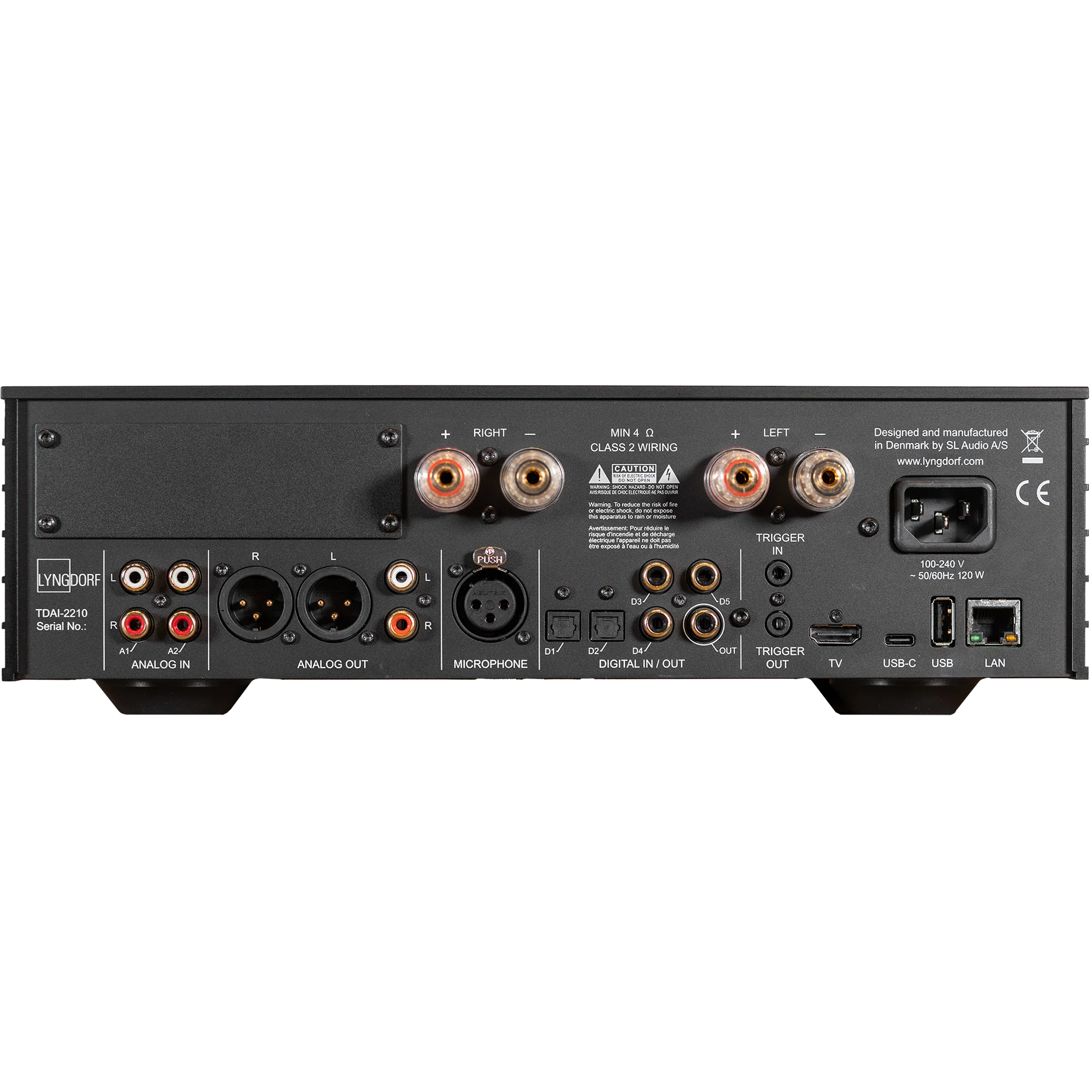 Lyngdorf TDAI-2210 stereo amplifier with RoomPerfect room calibration technology, featuring a sleek integrated design.