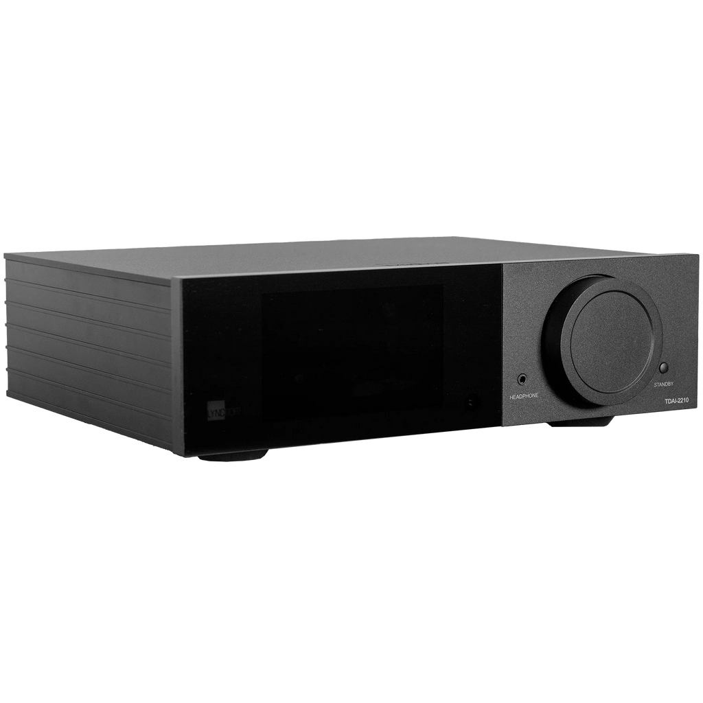 Lyngdorf TDAI-2210 stereo amplifier with RoomPerfect calibration, sleek black finish, and digital controls for high-quality audio.