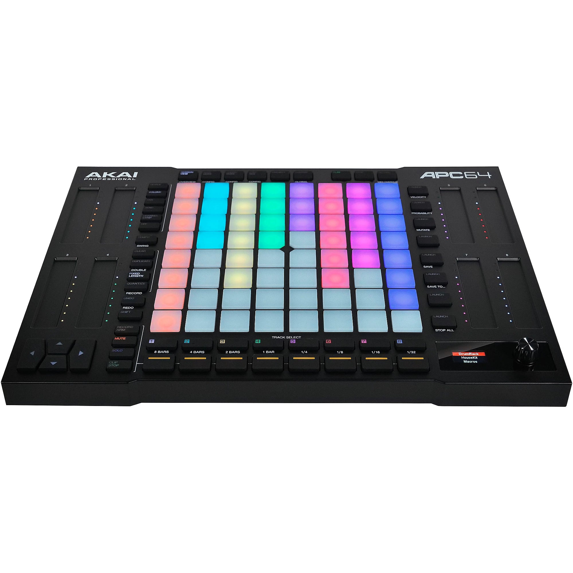 Akai Professional APC64 MIDI controller with 64 pads and control knobs, designed for music production and live performance.