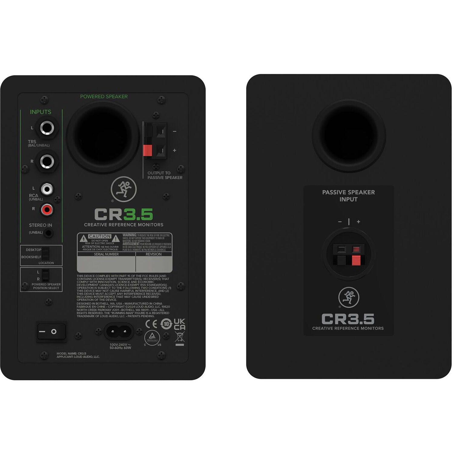 Mackie CR3.5 desktop speakers, rear panel inputs in black
