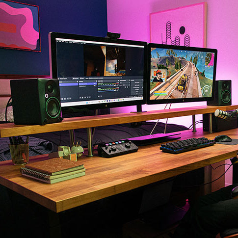Mackie CR3.5BT desktop speakers, black, desktop setup.