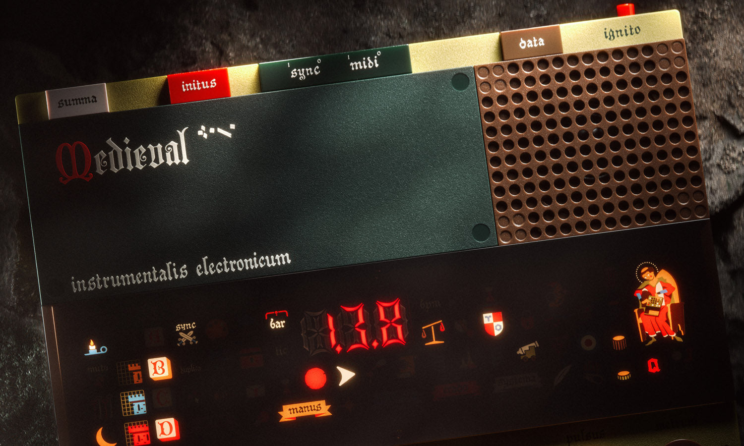 Teenage Engineering EP-1320 Medieval drum machine and sampler with front panel controls and colorful design, used for music production.
