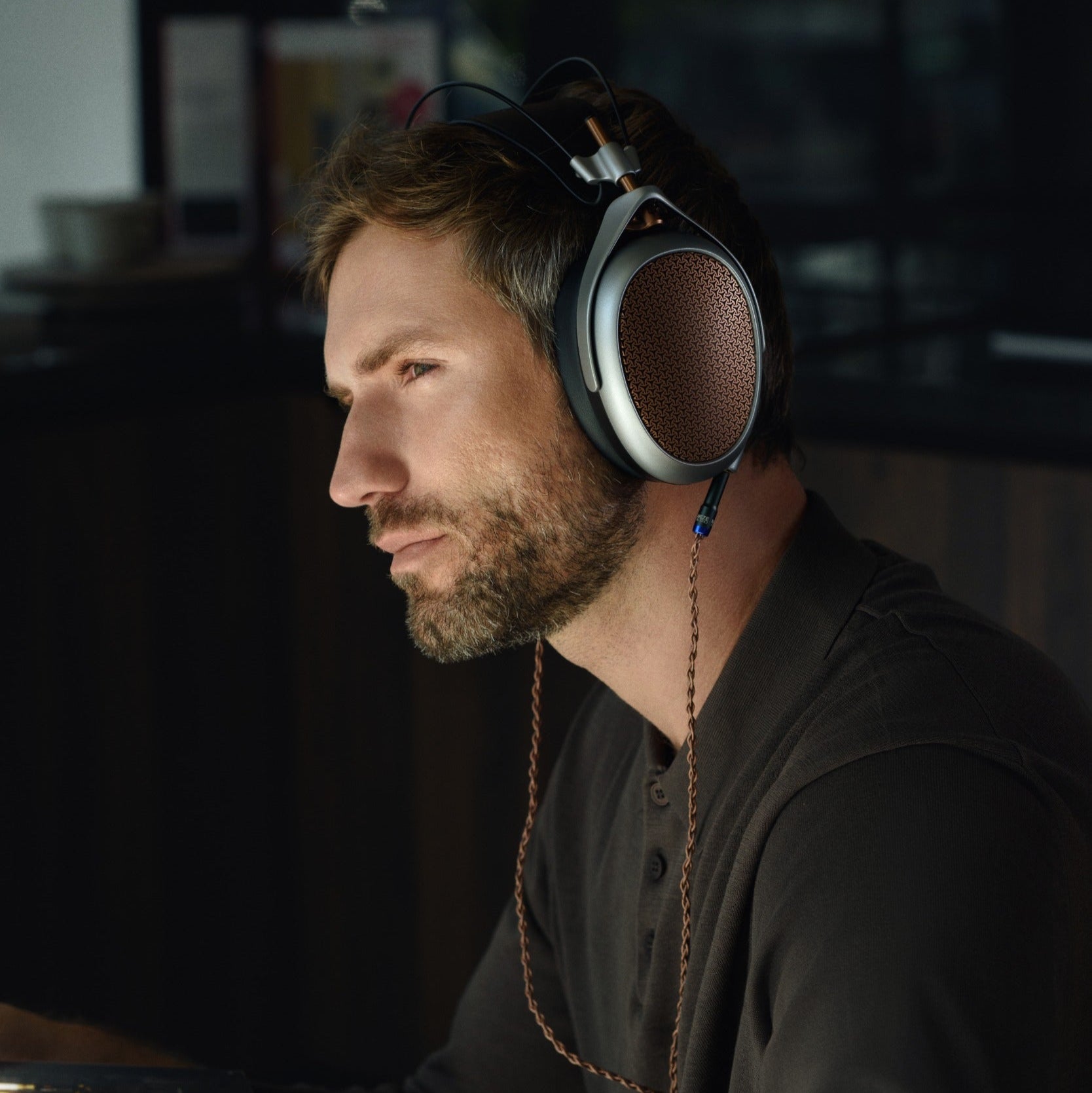 Wired Meze Audio Poet headphones with over-ear design, black ear cups, and sleek headband for immersive audio experience.